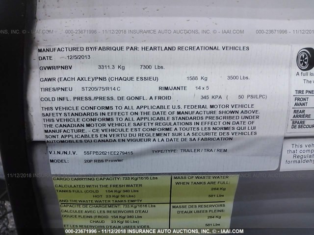 5SFPB2621EE279415 - 2014 HEARTLAND PROWLER  WHITE photo 9