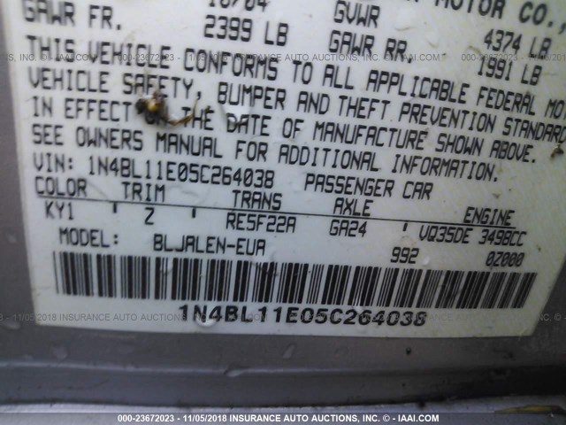 1N4BL11E05C264038 - 2005 NISSAN ALTIMA SE/SL/SE-R SILVER photo 9