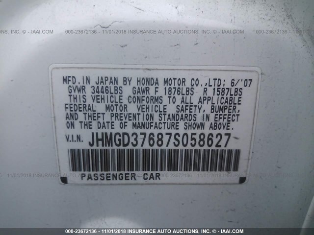 JHMGD37687S058627 - 2007 HONDA FIT S 白色 照片 9