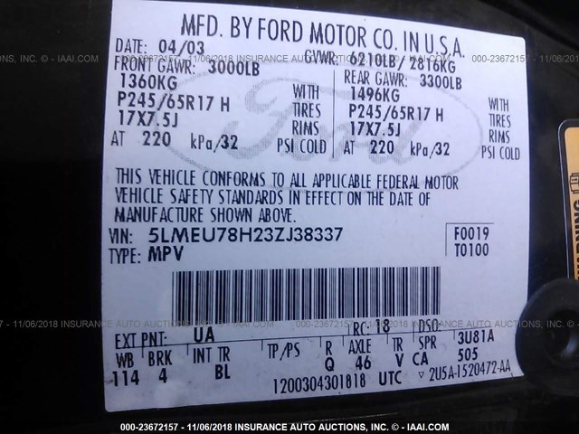 5LMEU78H23ZJ38337 - 2003 LINCOLN AVIATOR 黑色 照片 9