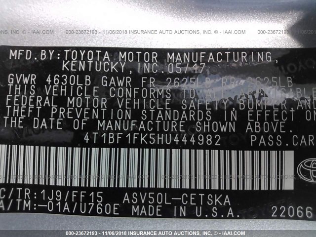 4T1BF1FK5HU444982 - 2017 TOYOTA CAMRY LE/XLE/SE/XSE SILVER photo 9