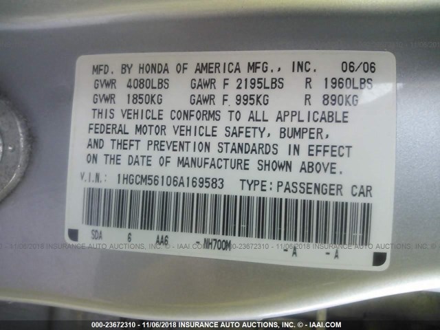 1HGCM56106A169583 - 2006 HONDA ACCORD VALUE SILVER photo 9