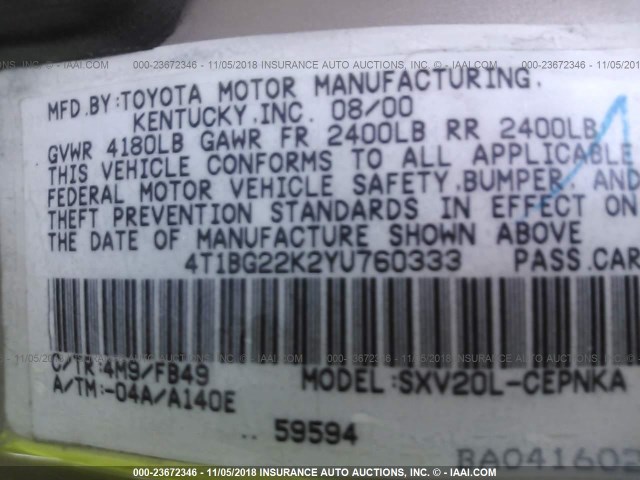 4T1BG22K2YU760333 - 2000 TOYOTA CAMRY CE/LE/XLE 米色 照片 9