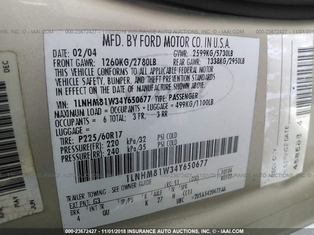 1LNHM81W34Y650677 - 2004 LINCOLN TOWN CAR EXECUTIVE/SIGNATURE TAN photo 9