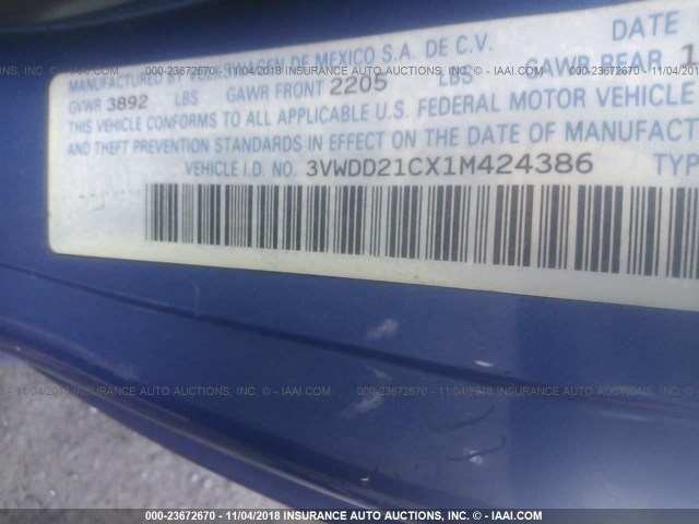 3VWDD21CX1M424386 - 2001 VOLKSWAGEN NEW BEETLE GLX 蓝色 照片 9