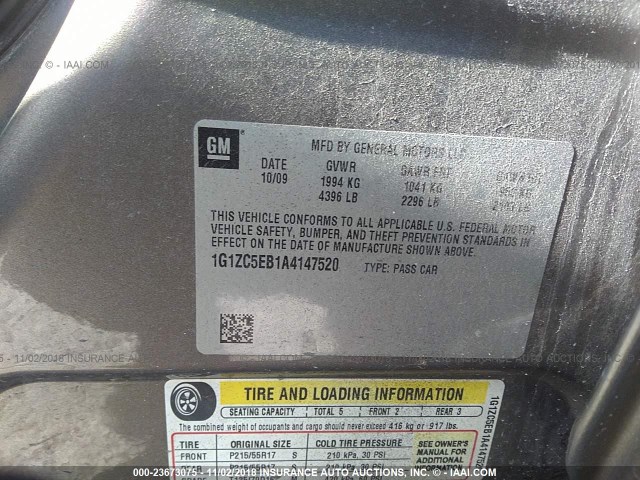 1G1ZC5EB1A4147520 - 2010 CHEVROLET MALIBU 1LT BROWN photo 9