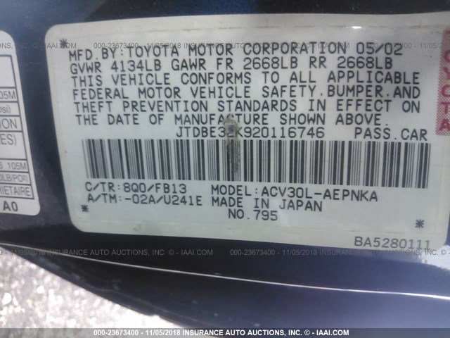 JTDBE32K920116746 - 2002 TOYOTA CAMRY LE/XLE/SE BLUE photo 9