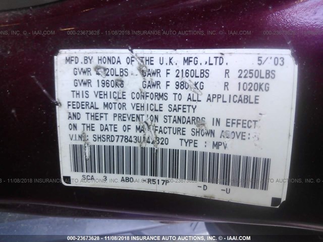SHSRD77843U142320 - 2003 HONDA CR-V EX RED photo 9