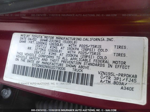 5TEGN92N92Z079006 - 2002 TOYOTA TACOMA DOUBLE CAB PRERUNNER RED photo 9