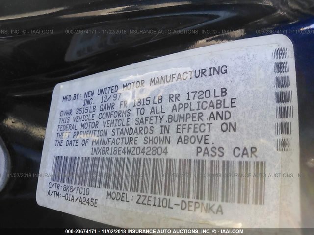 1NXBR18E4WZ042804 - 1998 TOYOTA COROLLA VE/CE/LE 蓝色 照片 9