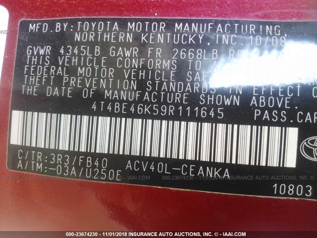 4T4BE46K59R111645 - 2009 TOYOTA CAMRY SE/LE/XLE RED photo 9