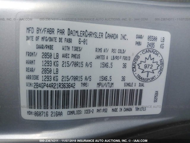 2B4GP44R21R363642 - 2001 DODGE GRAND CARAVAN SPORT SILVER photo 9