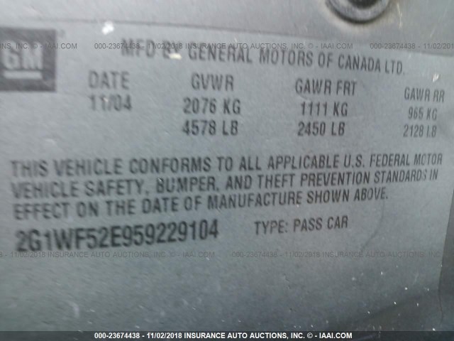 2G1WF52E959229104 - 2005 CHEVROLET IMPALA GRAY photo 9