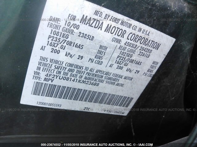 4F2YU08141KM23688 - 2001 MAZDA TRIBUTE LX/ES 绿色 照片 9