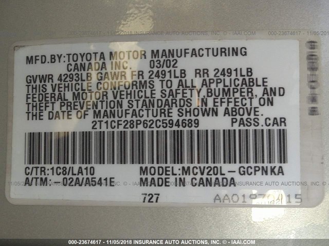 2T1CF28P62C594689 - 2002 TOYOTA CAMRY SOLARA SE/SLE ვერცხლისფერი ფოტო 9