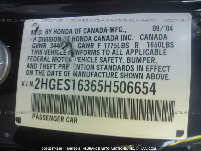 2HGES16365H506654 - 2005 HONDA CIVIC DX VP BLACK photo 9