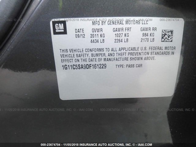 1G11C5SA9DF161229 - 2013 CHEVROLET MALIBU 1LT GRAY photo 9