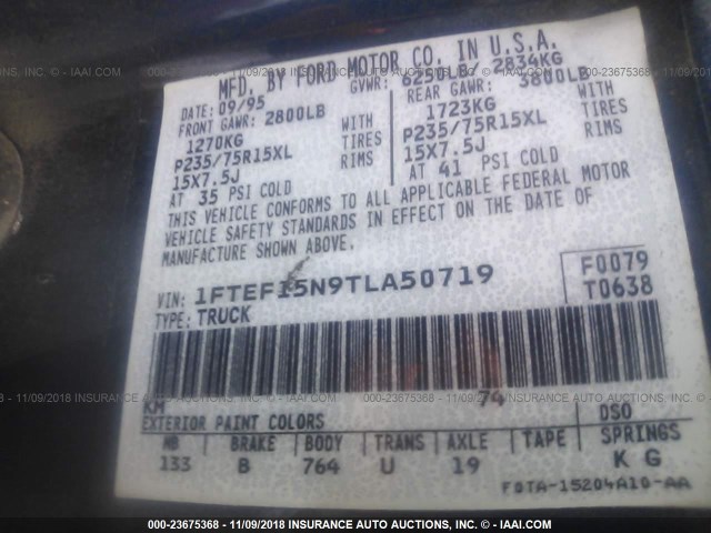 1FTEF15N9TLA50719 - 1996 FORD F150 BLUE photo 9