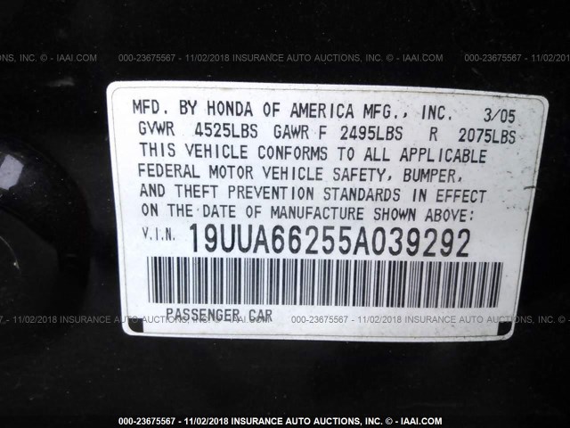 19UUA66255A039292 - 2005 ACURA TL BLACK photo 9