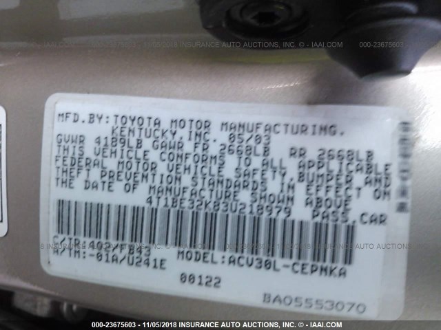 4T1BE32K83U218979 - 2003 TOYOTA CAMRY LE/XLE/SE GOLD photo 9