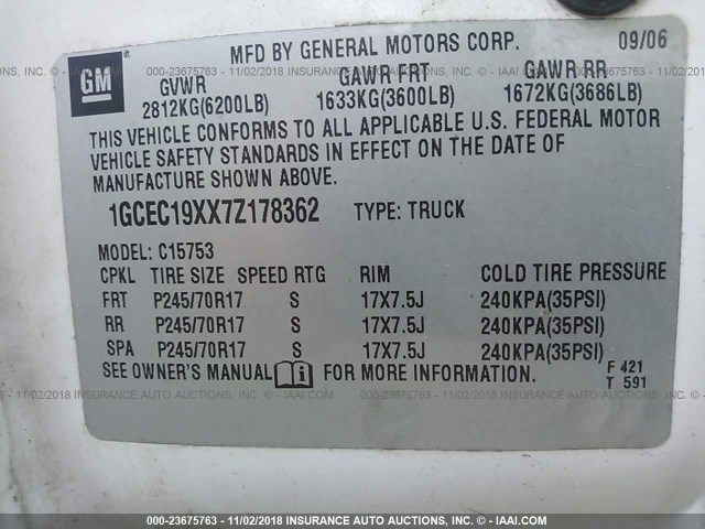 1GCEC19XX7Z178362 - 2007 CHEVROLET SILVERADO C1500 CLASSIC WHITE photo 9