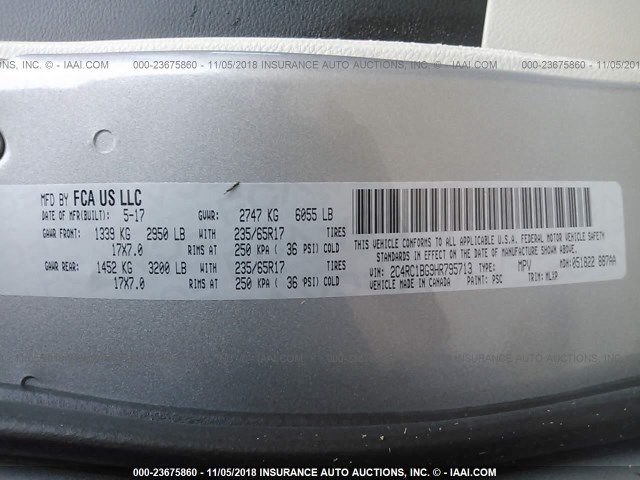 2C4RC1BG9HR795713 - 2017 CHRYSLER PACIFICA TOURING L 灰色 照片 9