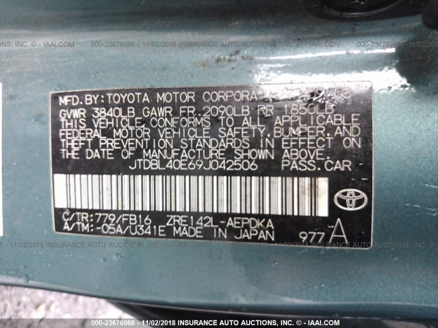 JTDBL40E69J042506 - 2009 TOYOTA COROLLA LE/XLE TEAL photo 9