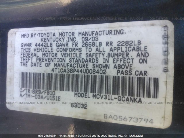 4T1CA38P44U008402 - 2004 TOYOTA CAMRY SOLARA SE/SLE ლურჯი ფოტო 9