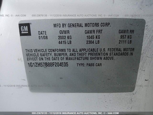 1G1ZH57B88F204535 - 2008 CHEVROLET MALIBU 1LT WHITE photo 9