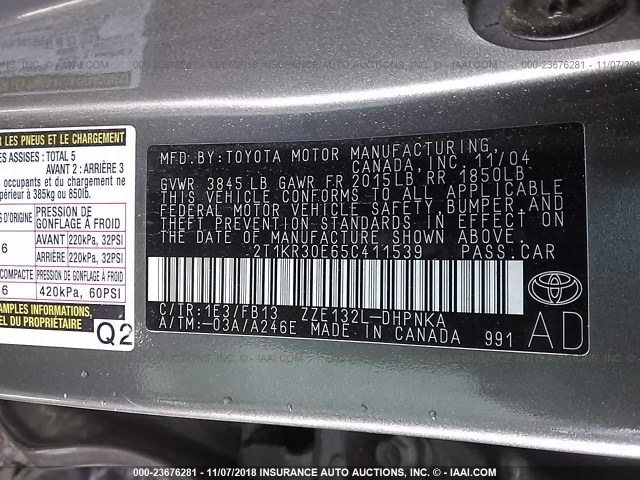2T1KR30E65C411539 - 2005 TOYOTA COROLLA MATRIX XR GRAY photo 9
