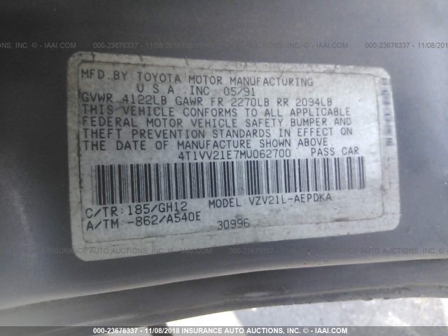 4T1VV21E7MU062700 - 1991 TOYOTA CAMRY DLX GRAY photo 9