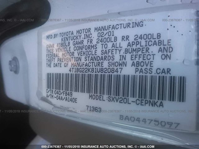 4T1BG22K81U820847 - 2001 TOYOTA CAMRY CE/LE/XLE 白色 照片 9