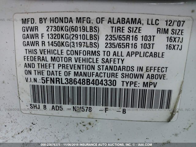 5FNRL38648B404330 - 2008 HONDA ODYSSEY EXL WHITE photo 9