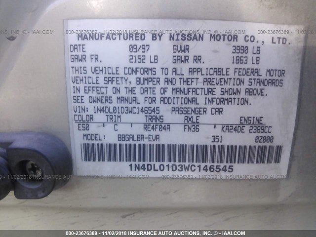 1N4DL01D3WC146545 - 1998 NISSAN ALTIMA XE/GXE/SE/GLE GOLD photo 9