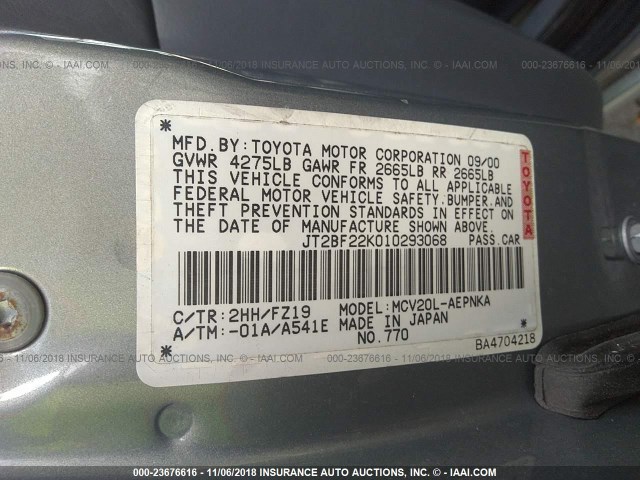 JT2BF22K010293068 - 2001 TOYOTA CAMRY CE/LE/XLE 银色 照片 9