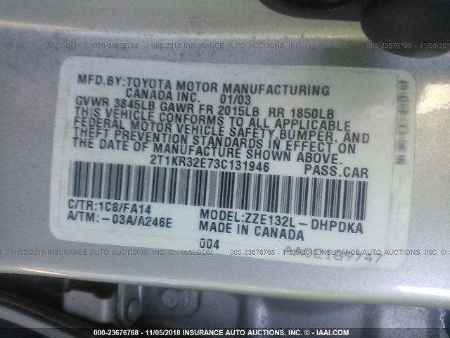 2T1KR32E73C131946 - 2003 TOYOTA COROLLA MATRIX XR SILVER photo 9
