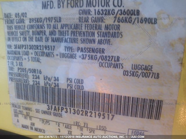 3FAFP31302R219517 - 2002 FORD FOCUS ZX3 YELLOW photo 9
