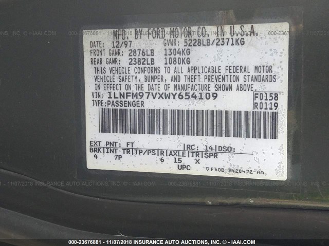 1LNFM97VXWY654109 - 1998 LINCOLN CONTINENTAL  绿色 照片 9