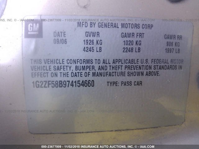 1G2ZF58B974154660 - 2007 PONTIAC G6 VALUE LEADER/BASE GOLD photo 9