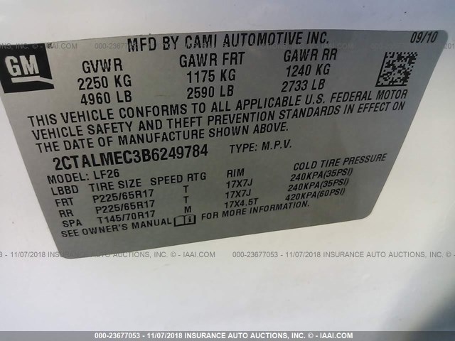 2CTALMEC3B6249784 - 2011 GMC TERRAIN SLE WHITE photo 9