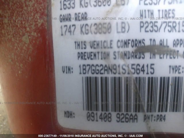 1B7GG2AN91S156415 - 2001 DODGE DAKOTA QUAD RED photo 9