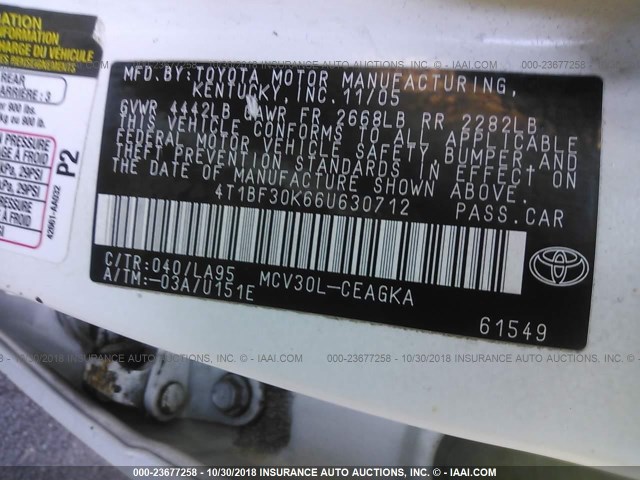 4T1BF30K66U630712 - 2006 TOYOTA CAMRY LE/XLE/SE WHITE photo 9