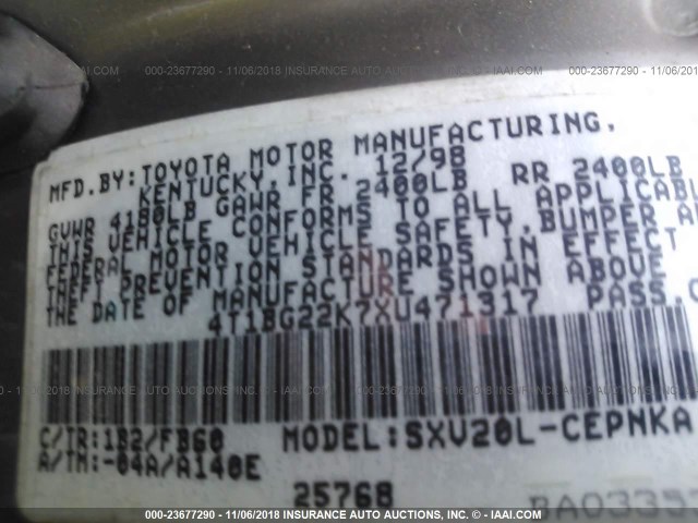 4T1BG22K7XU471317 - 1999 TOYOTA CAMRY CE/LE/XLE 灰色 照片 9