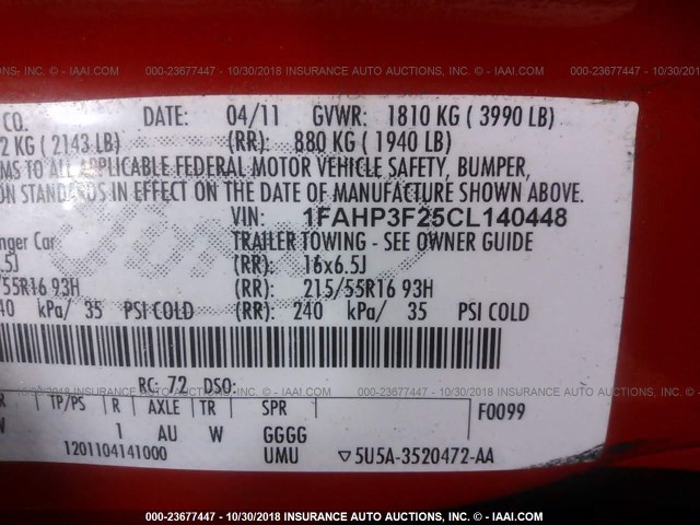1FAHP3F25CL140448 - 2012 FORD FOCUS RED photo 9