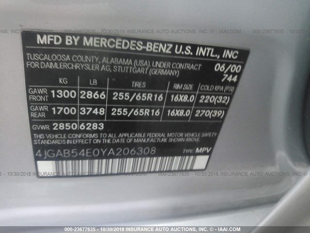 4JGAB54E0YA206308 - 2000 MERCEDES-BENZ ML 320 SILVER photo 9