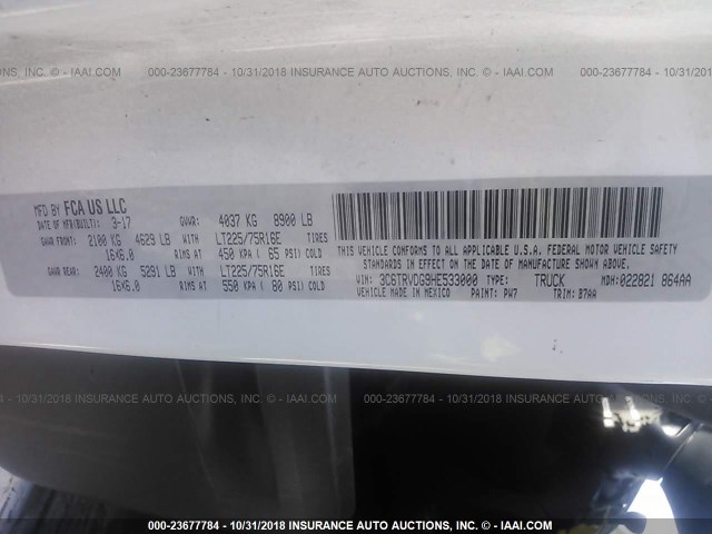 3C6TRVDG9HE533000 - 2017 RAM PROMASTER 2500 2500 HIGH WHITE photo 9