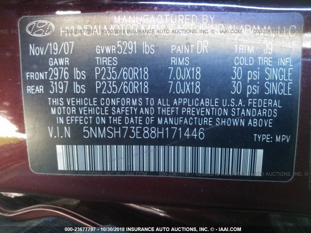 5NMSH73E88H171446 - 2008 HYUNDAI SANTA FE SE/LIMITED RED photo 9