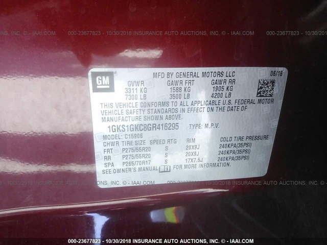 1GKS1GKC8GR416295 - 2016 GMC YUKON XL C1500 SLT RED photo 9