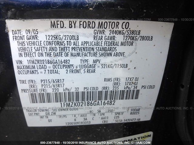 1FMZK02186GA16482 - 2006 FORD FREESTYLE SEL BLUE photo 9