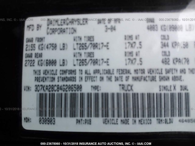 3D7KA28C84G206500 - 2004 DODGE RAM 2500 ST/SLT 黑色 照片 9